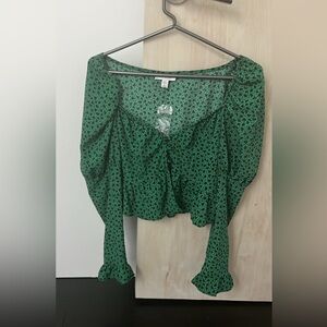 Nwt Green Black Tiny Hearts Ruffle Blouse Crop TOP SHOP Summer Shirt size 4